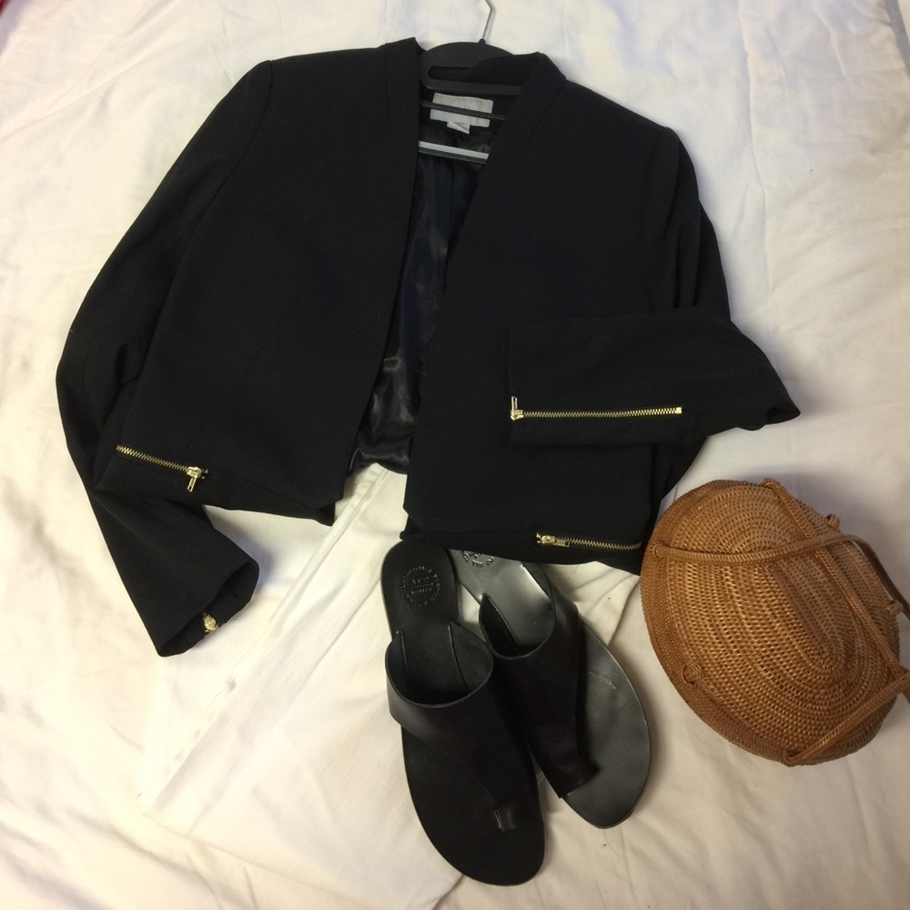 H&M Women's Black Blazer with Gold Zipper Accents, Gently Used Size 10